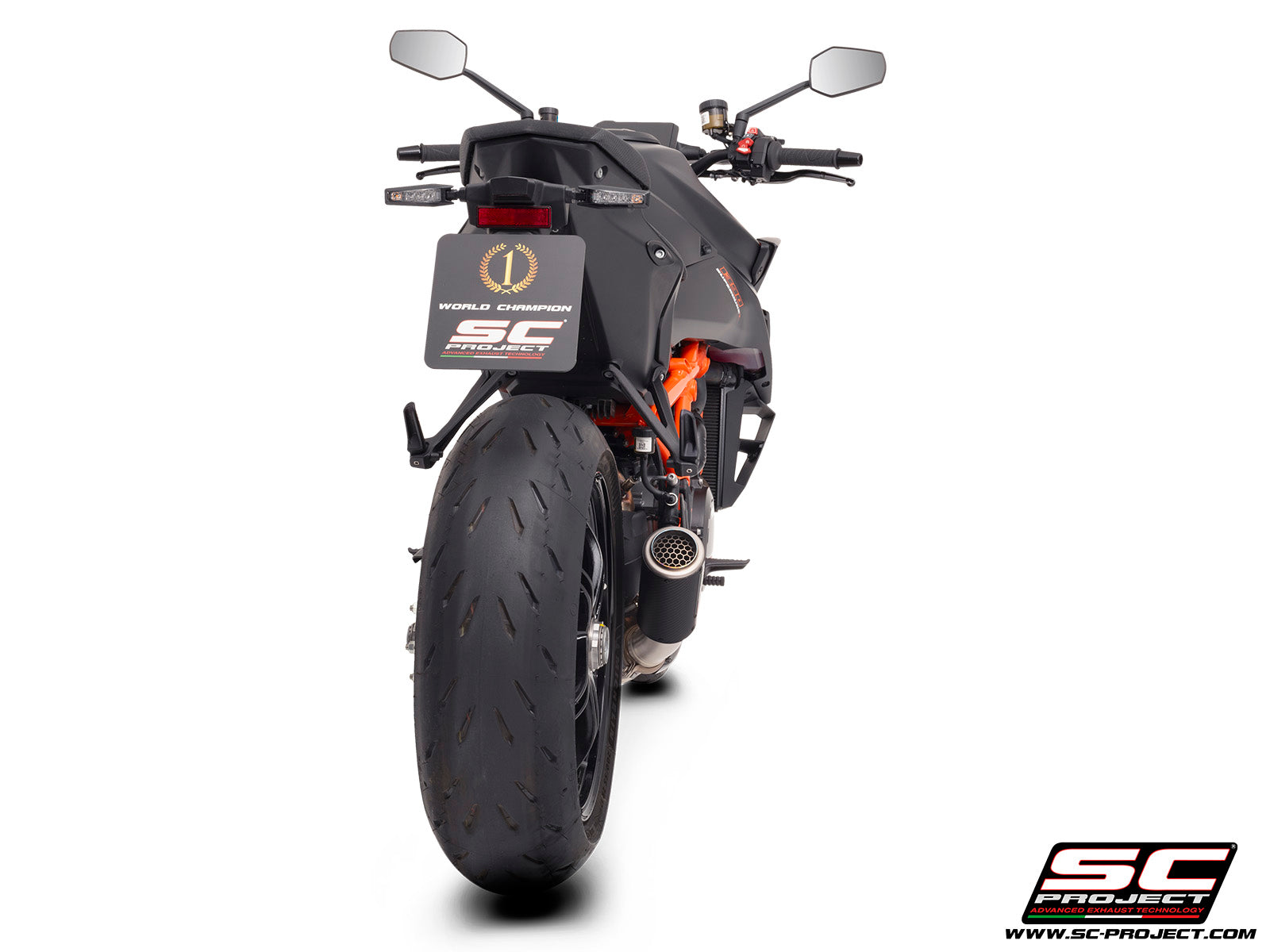 KTM 1390 Super Duke R (2024) with SC-Project CR-T carbon exhaust, with stoneguard grid, 3/4 rear view
