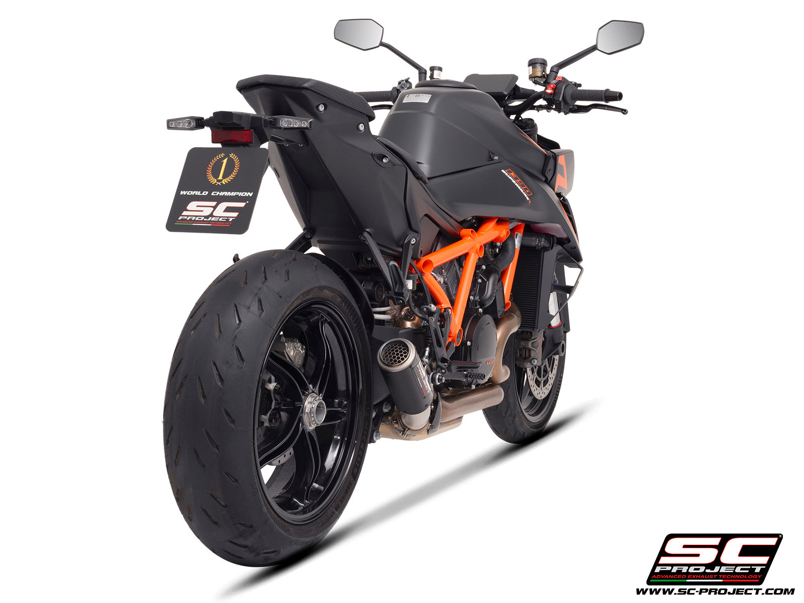 KTM 1390 Super Duke R (2024) with SC-Project CR-T carbon exhaust, with stoneguard grid, 3/4 rear view