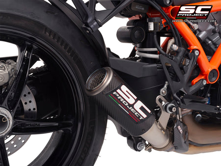 KTM 1390 Super Duke R (2024) with SC-Project CR-T carbon exhaust, with stoneguard grid, 3/4 rear view