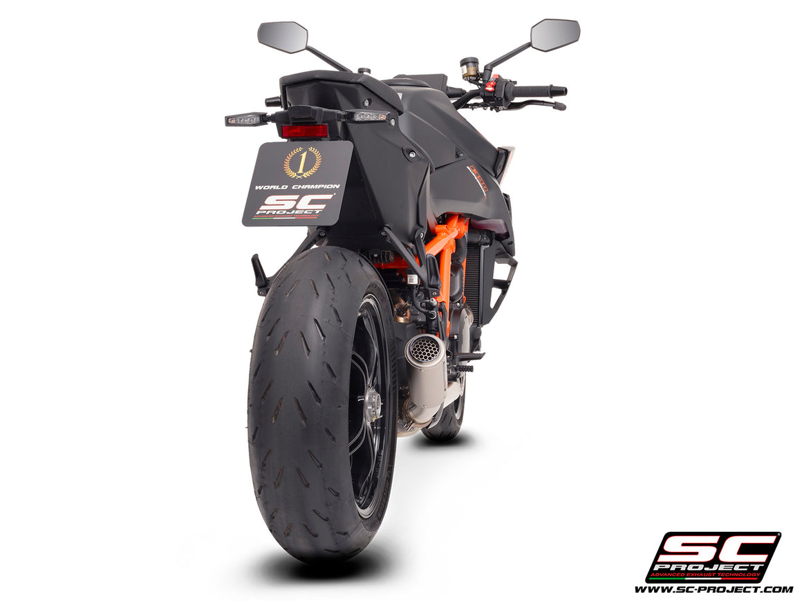 KTM 1390 Super Duke R (2024) with SC-Project CR-T titanium exhaust, with stoneguard grid, 3/4 rear view