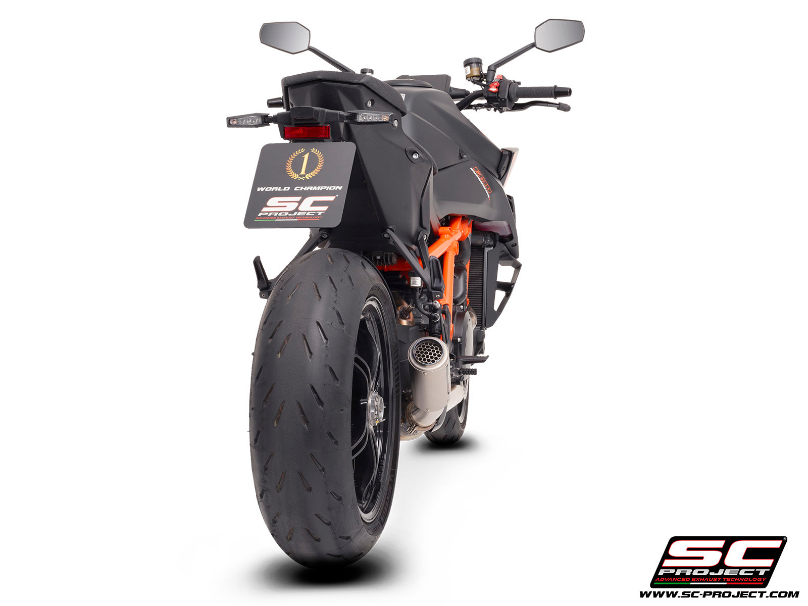 KTM 1390 Super Duke R (2024) with SC-Project CR-T titanium exhaust, with stoneguard grid, 3/4 rear view