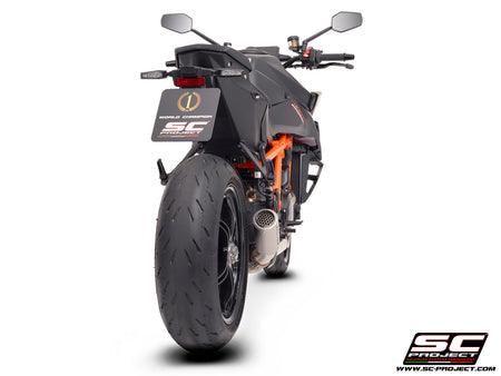 KTM 1390 Super Duke R (2024) with SC-Project CR-T titanium exhaust, with stoneguard grid, 3/4 rear view