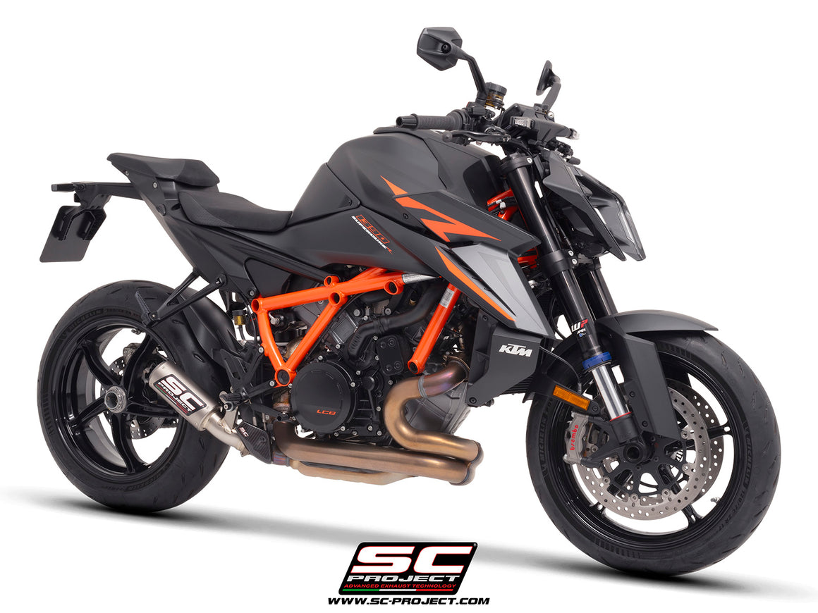 KTM 1390 Super Duke R (2024) with SC-Project CR-T titanium exhaust, with stoneguard grid, 3/4 rear view