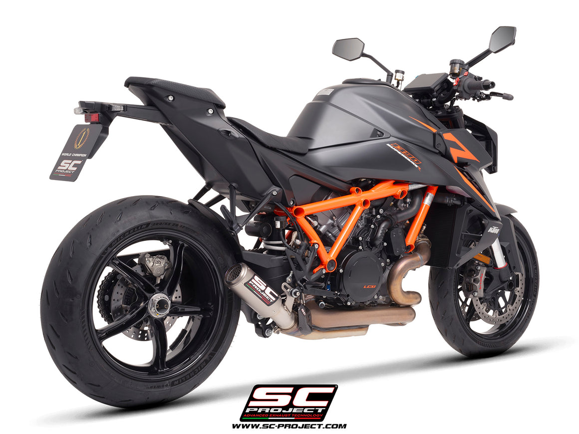 KTM 1390 Super Duke R (2024) with SC-Project CR-T titanium exhaust, with stoneguard grid, 3/4 rear view