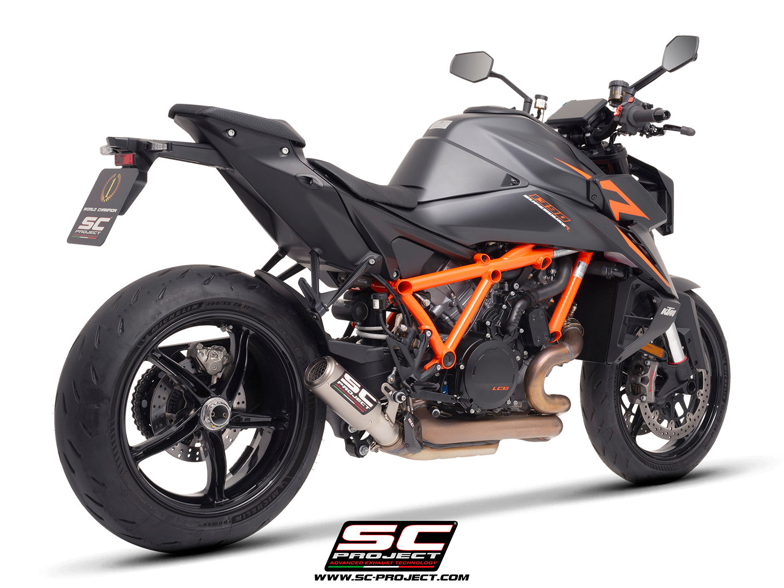 KTM 1390 Super Duke R (2024) with SC-Project CR-T titanium exhaust, with stoneguard grid, 3/4 rear view