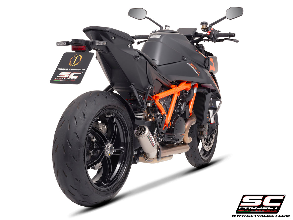 KTM 1390 Super Duke R (2024) with SC-Project CR-T titanium exhaust, with stoneguard grid, 3/4 rear view