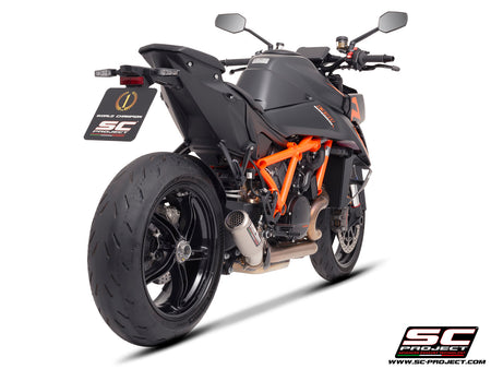 KTM 1390 Super Duke R (2024) with SC-Project CR-T titanium exhaust, with stoneguard grid, 3/4 rear view