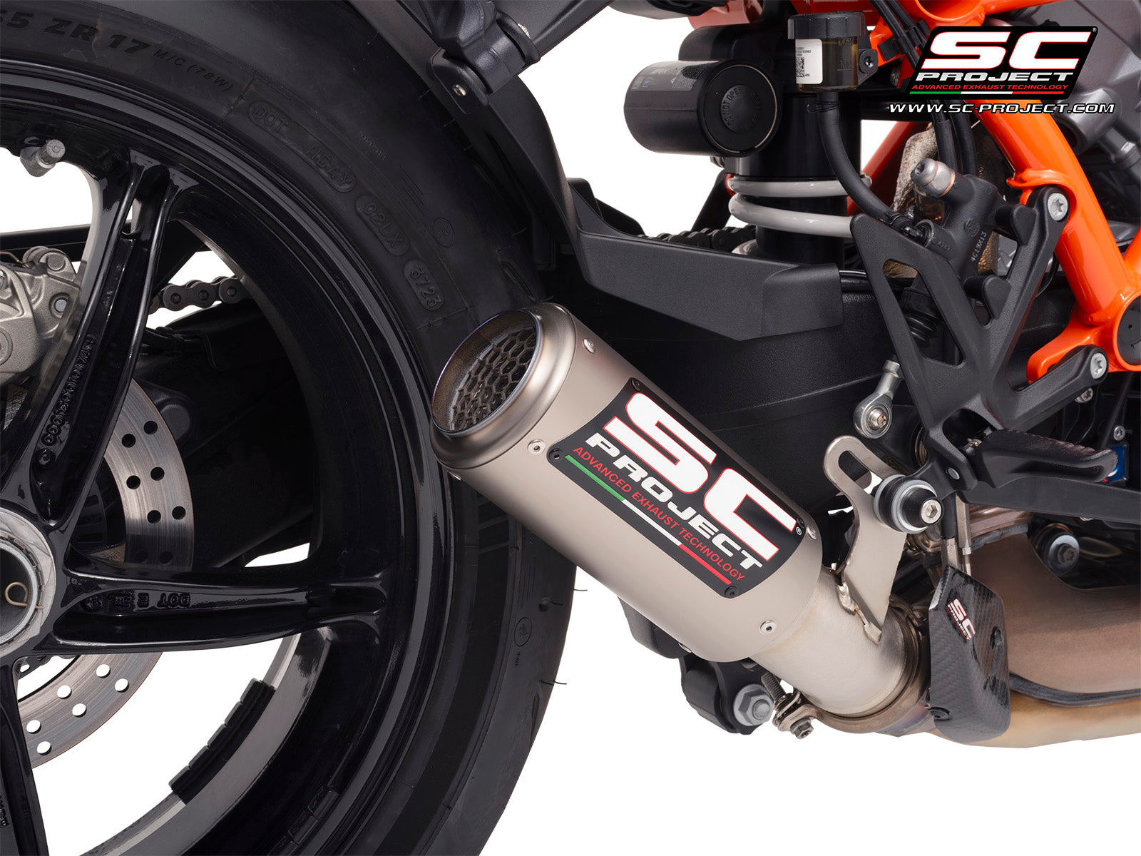 KTM 1390 Super Duke R (2024) with SC-Project CR-T titanium exhaust, with stoneguard grid, 3/4 rear view