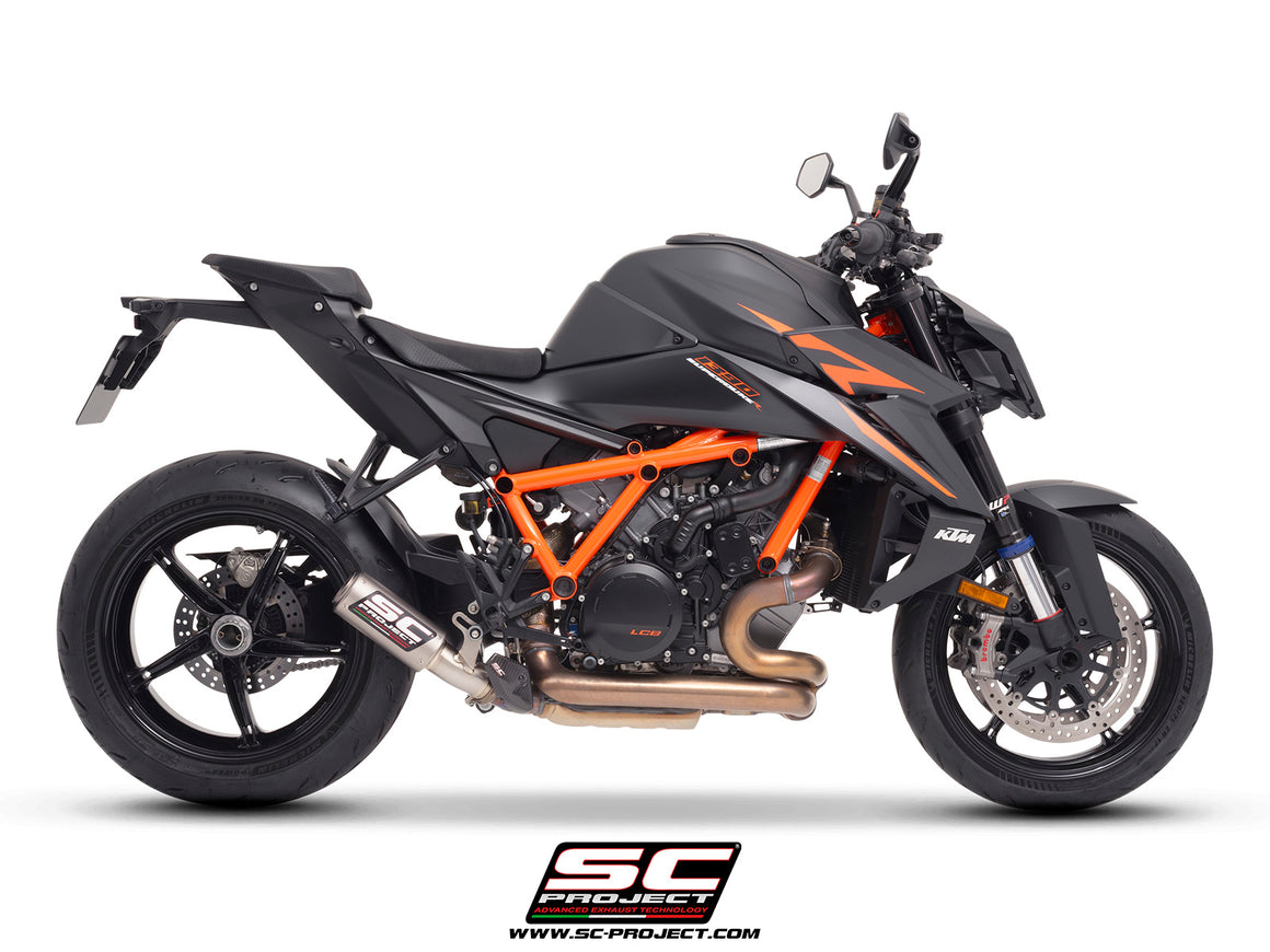 KTM 1390 Super Duke R (2024) with SC-Project CR-T titanium exhaust, with stoneguard grid, 3/4 rear view