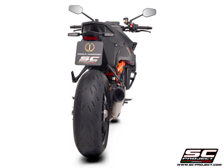 KTM 1390 Super Duke R (2024) with SC-Project S1 titanium exhaust, 3/4 rear view