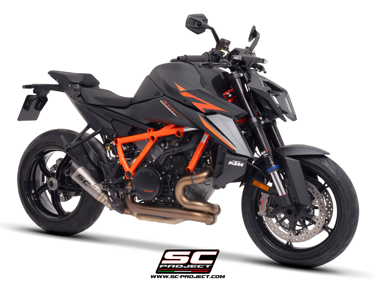 KTM 1390 Super Duke R (2024) with SC-Project S1 titanium exhaust, 3/4 rear view