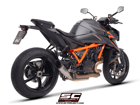 KTM 1390 Super Duke R (2024) with SC-Project S1 titanium exhaust, 3/4 rear view