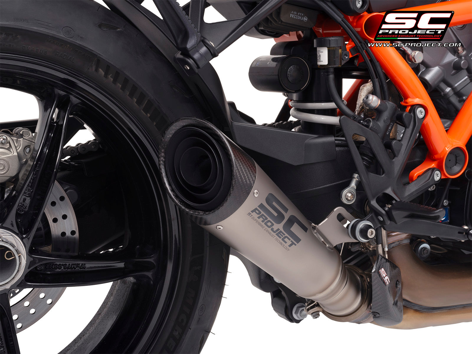 KTM 1390 Super Duke R (2024) with SC-Project S1 titanium exhaust, 3/4 rear view
