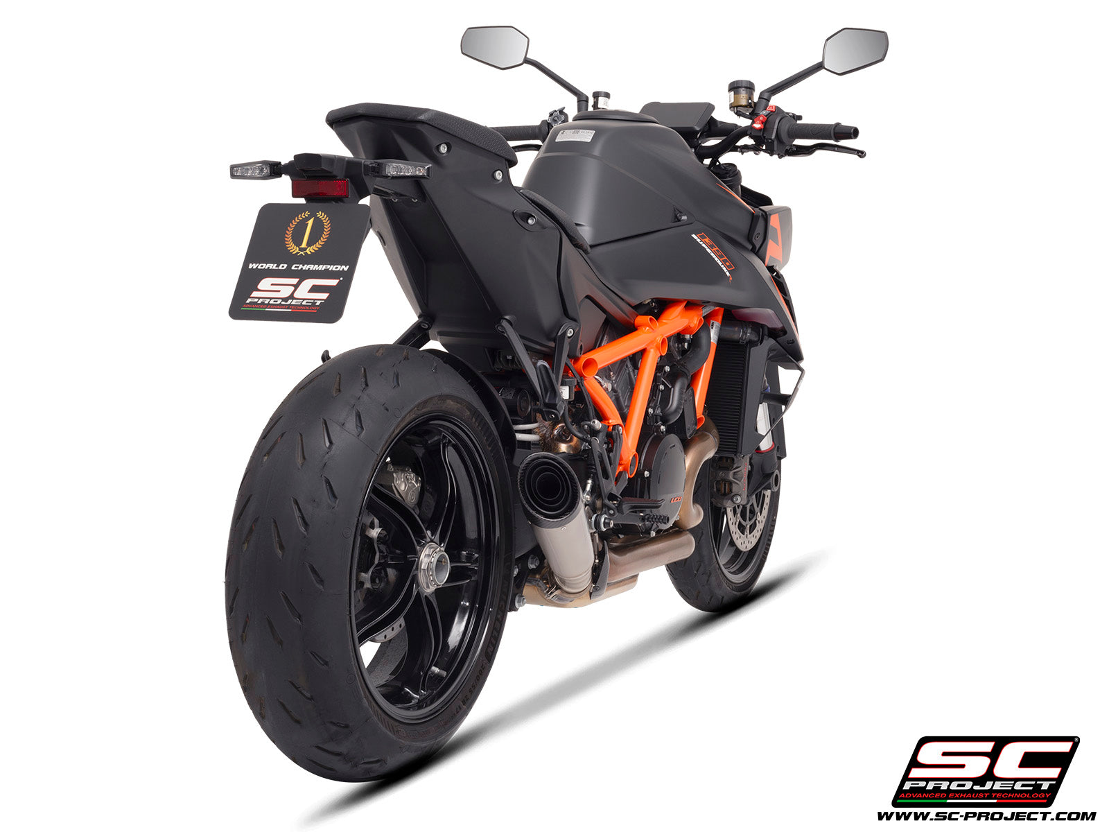 KTM 1390 Super Duke R (2024) with SC-Project S1 titanium exhaust, 3/4 rear view