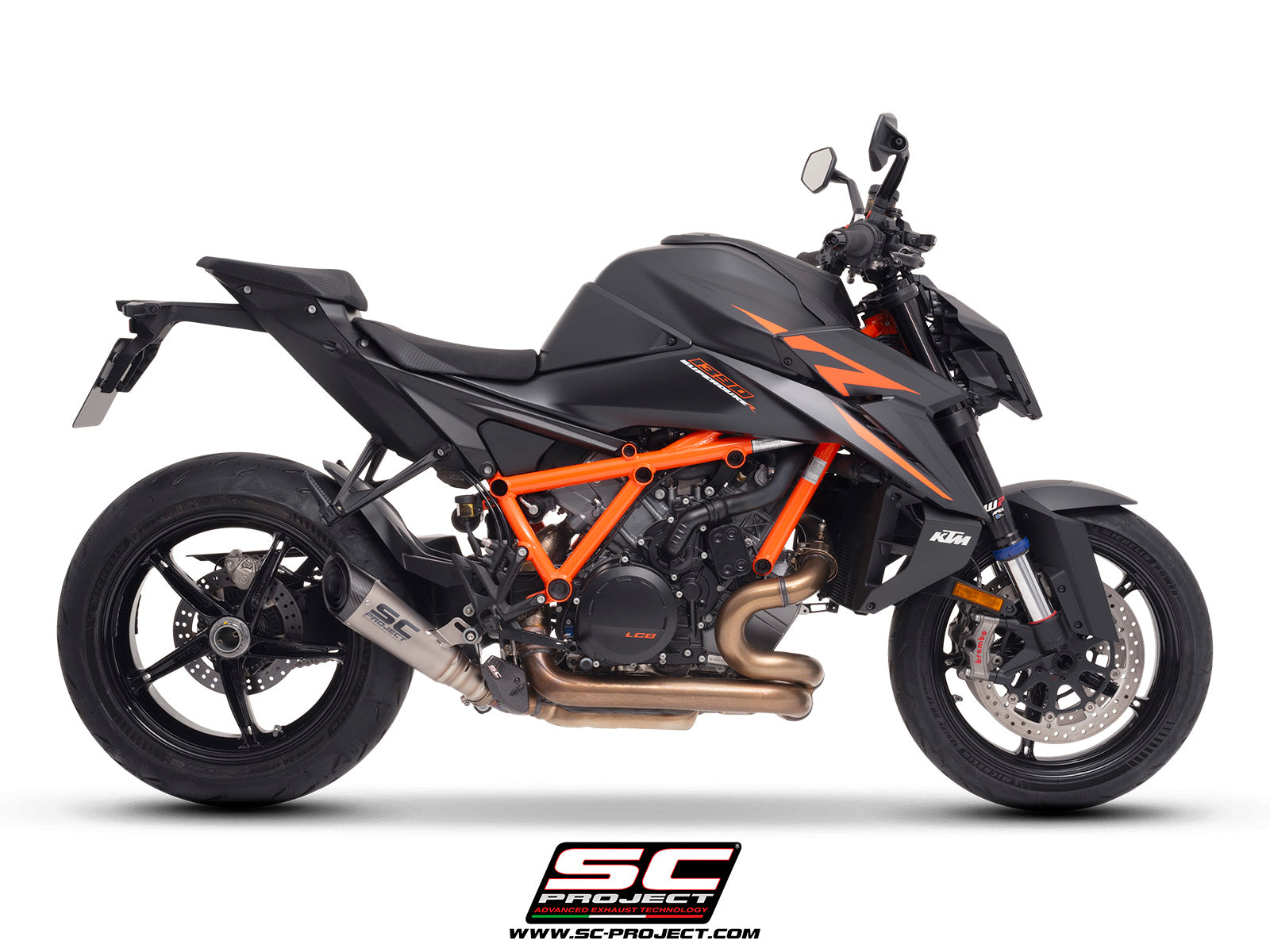 KTM 1390 Super Duke R (2024) with SC-Project S1 titanium exhaust, 3/4 rear view