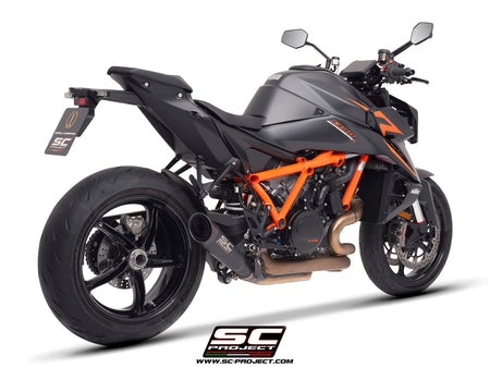 KTM 1390 Super Duke R (2024) with SC-Project S1 titanium matt black exhaust, 3/4 rear view