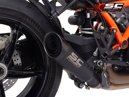 KTM 1390 Super Duke R (2024) with SC-Project S1 titanium matt black exhaust, 3/4 rear view