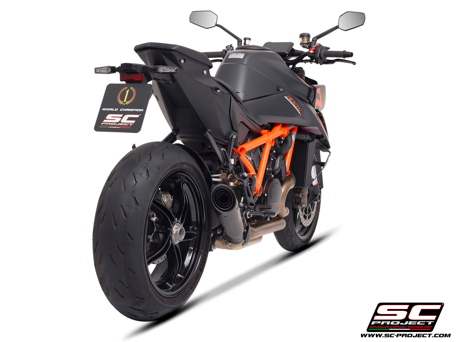 KTM 1390 Super Duke R (2024) with SC-Project S1 titanium matt black exhaust, 3/4 rear view