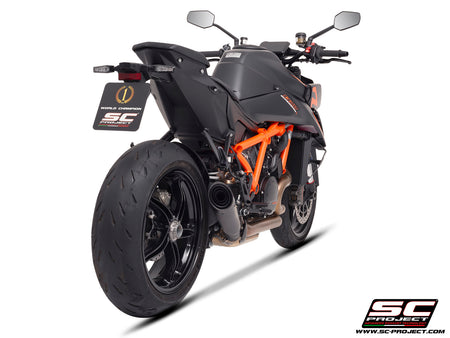 KTM 1390 Super Duke R (2024) with SC-Project S1 titanium matt black exhaust, 3/4 rear view