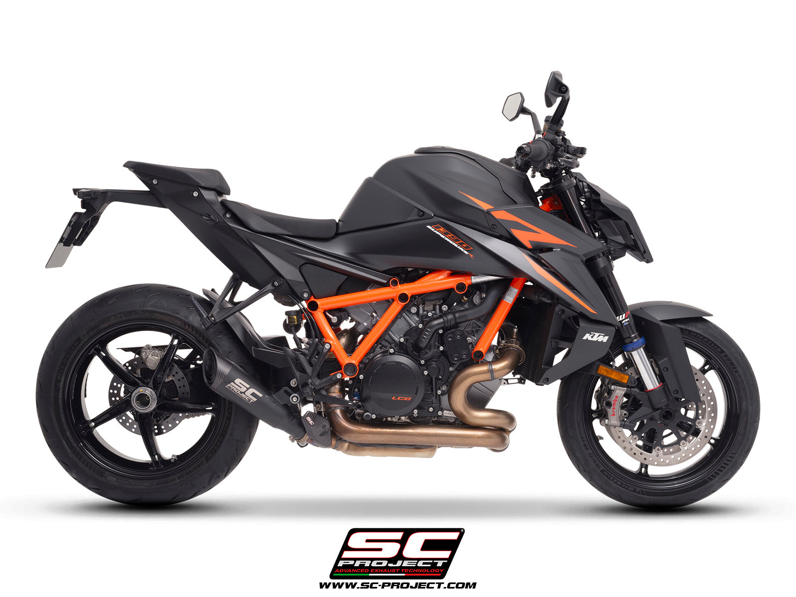 KTM 1390 Super Duke R (2024) with SC-Project S1 titanium matt black exhaust, 3/4 rear view