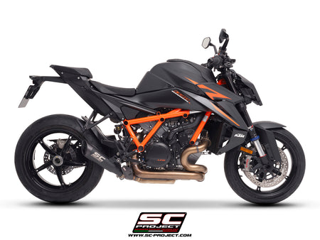 KTM 1390 Super Duke R (2024) with SC-Project S1 titanium matt black exhaust, 3/4 rear view