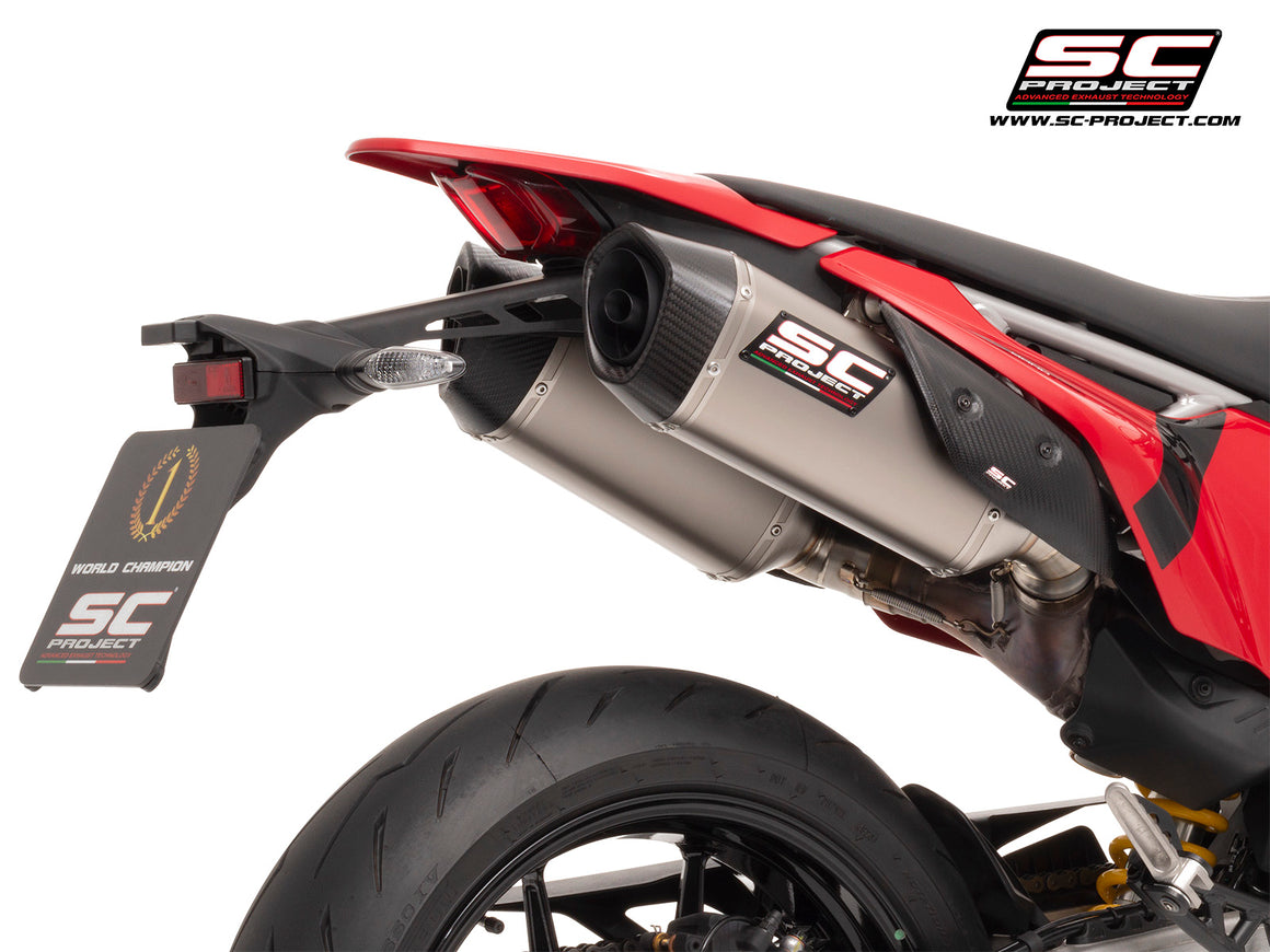 Ducati Hypermotard 698 MONO (2024) with SC-Project SC1-S titanium exhaust, 3/4 rear view