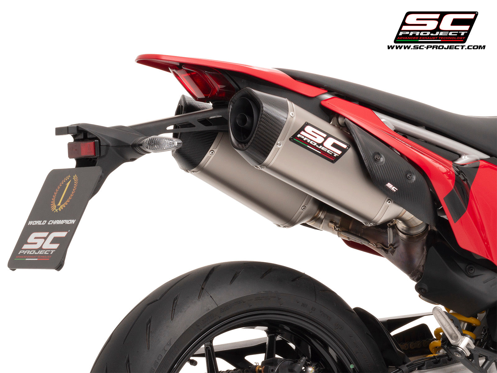 Ducati Hypermotard 698 MONO (2024) with SC-Project SC1-S titanium exhaust, 3/4 rear view