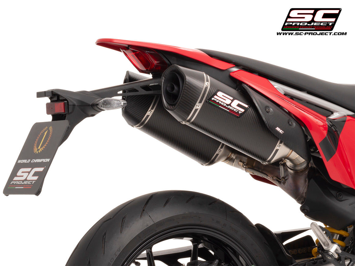 Ducati Hypermotard 698 MONO (2024) with SC-Project SC1-S carbon exhaust, 3/4 rear view