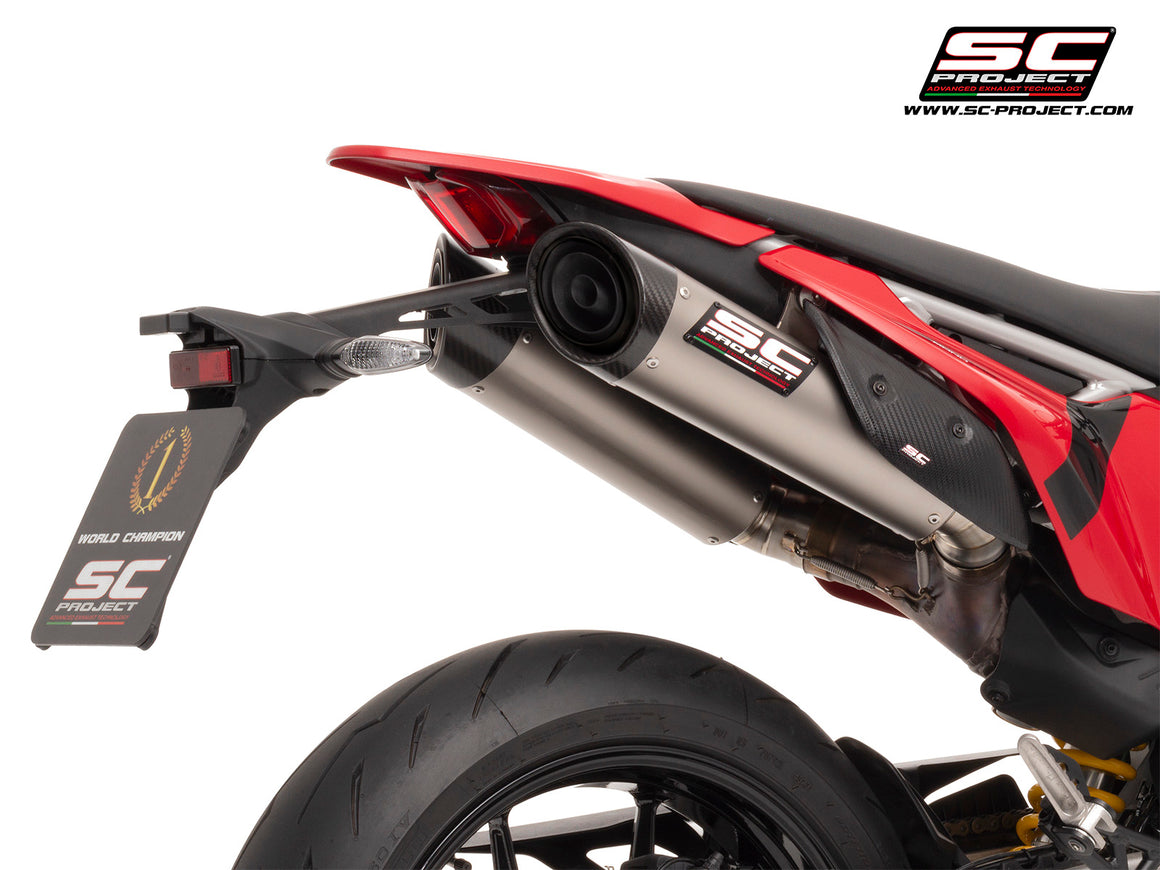 Ducati Hypermotard 698 MONO (2024) with SC-Project S1-C titanium exhaust, 3/4 rear view