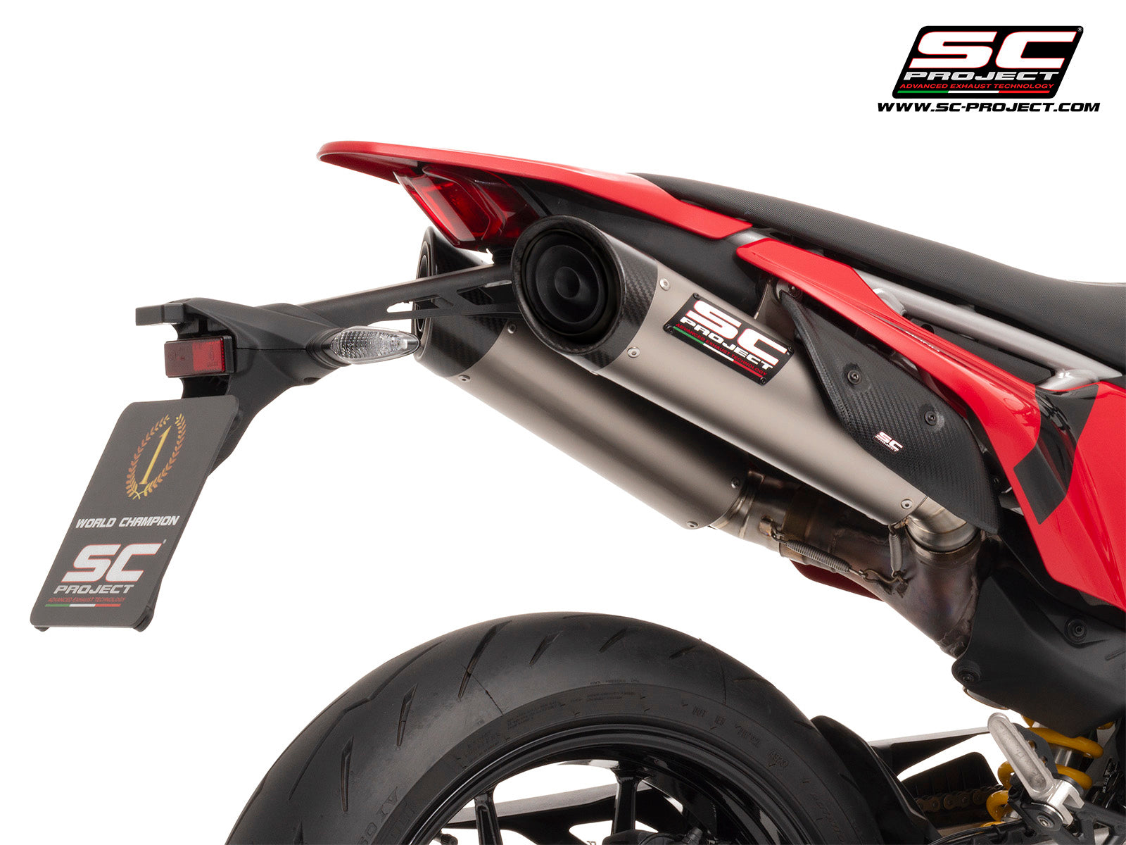 Ducati Hypermotard 698 MONO (2024) with SC-Project S1-C titanium exhaust, 3/4 rear view