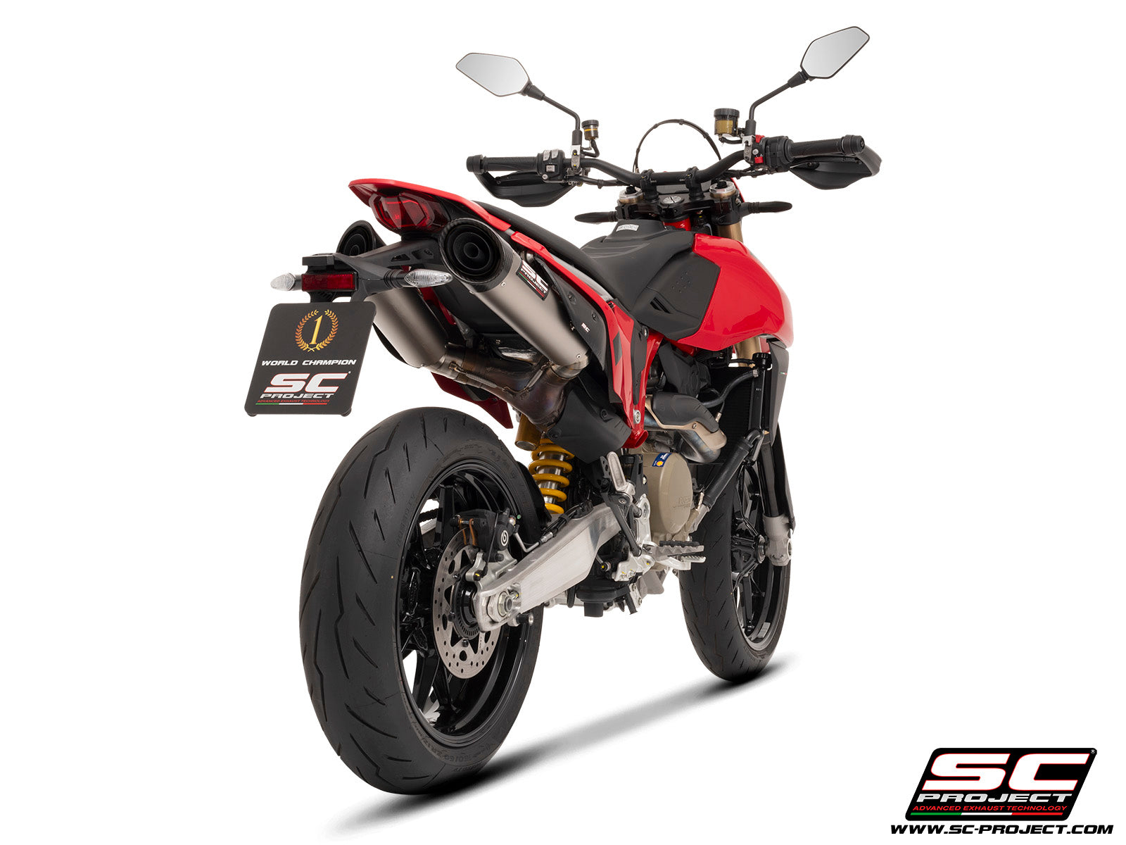 Ducati Hypermotard 698 MONO (2024) with SC-Project S1-C titanium exhaust, 3/4 rear view