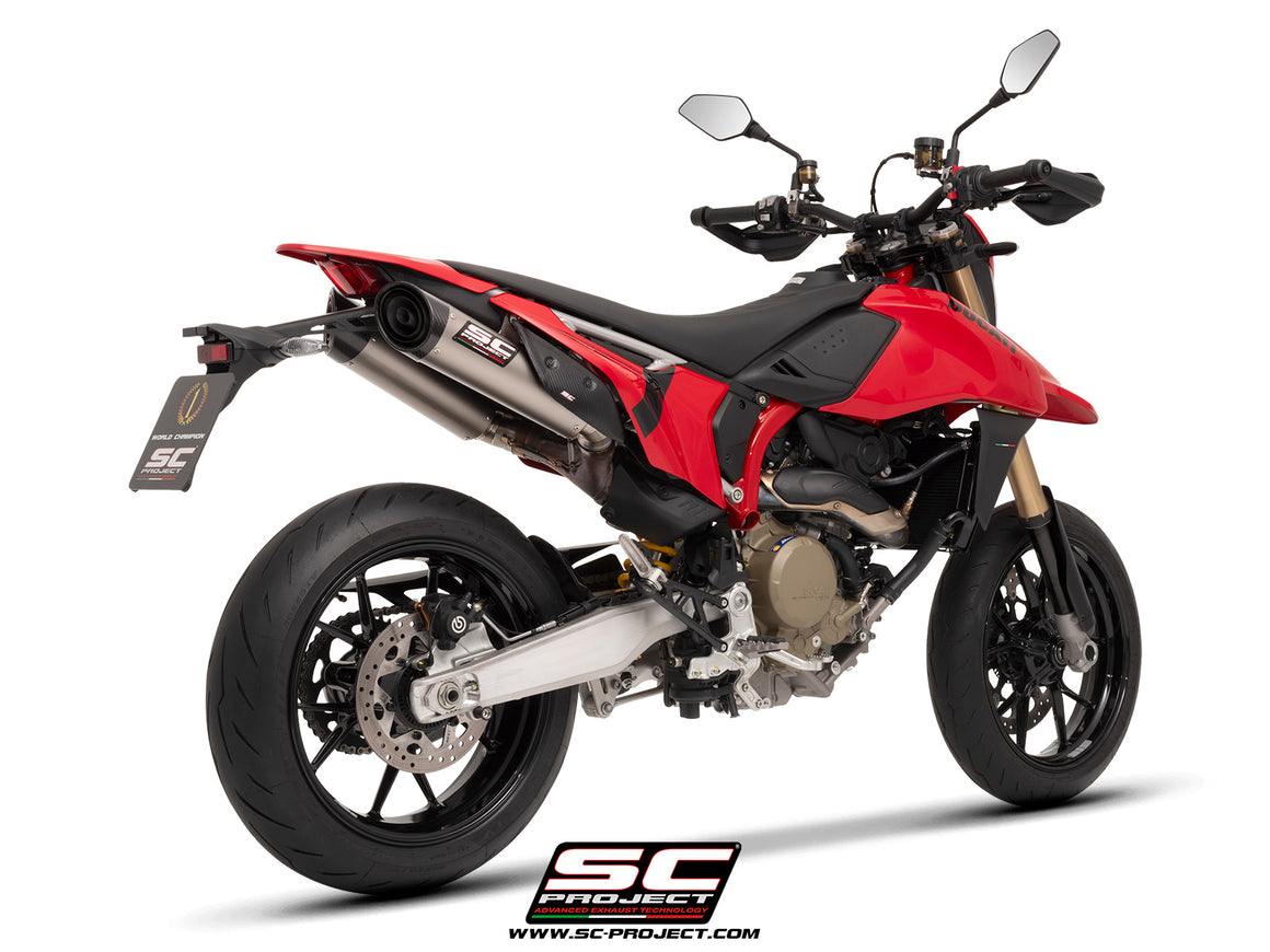 Ducati Hypermotard 698 MONO (2024) with SC-Project S1-C titanium exhaust, 3/4 rear view