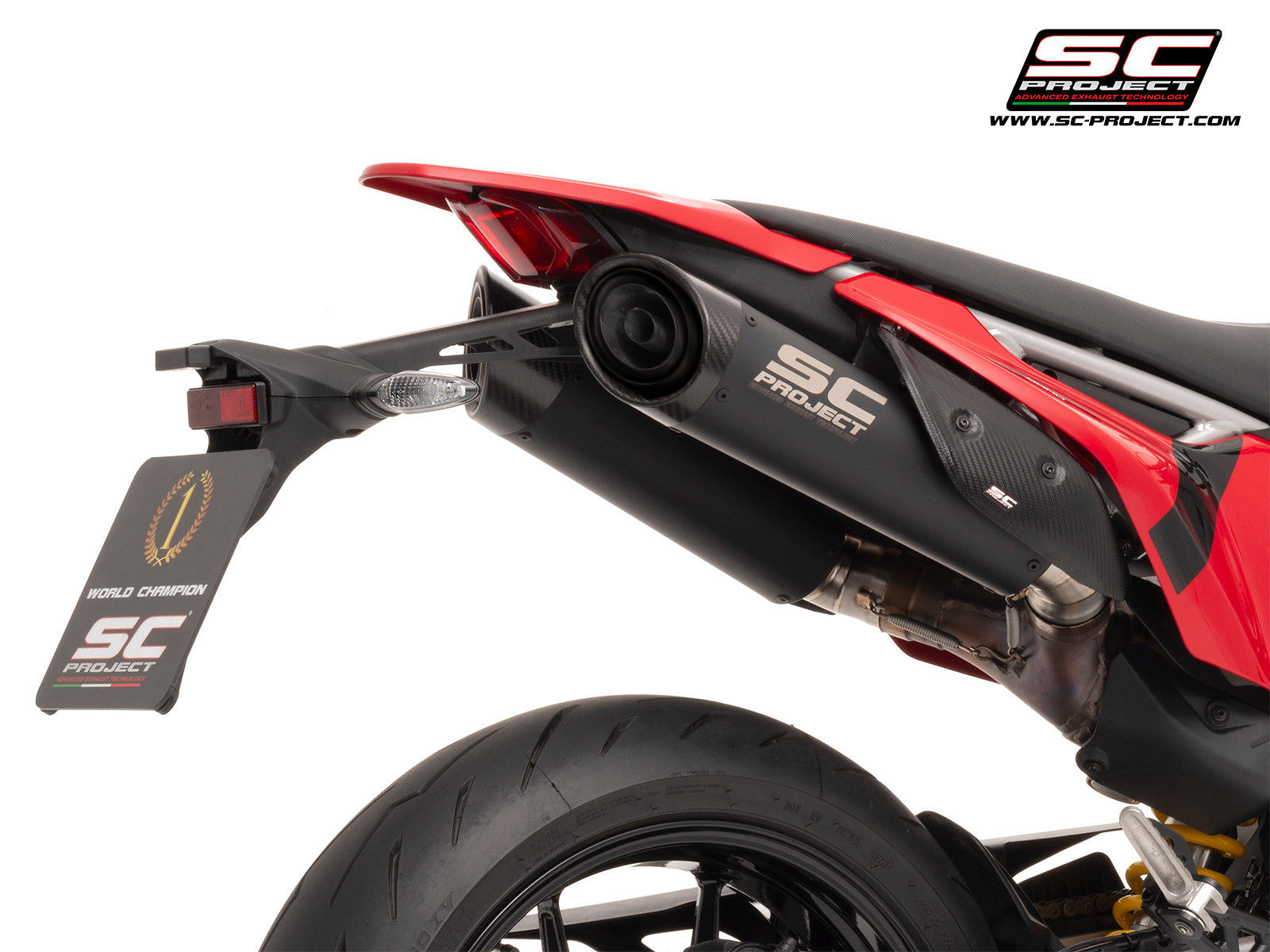 Ducati Hypermotard 698 MONO (2024) with SC-Project SC1-S titanium matt black exhaust, 3/4 rear view