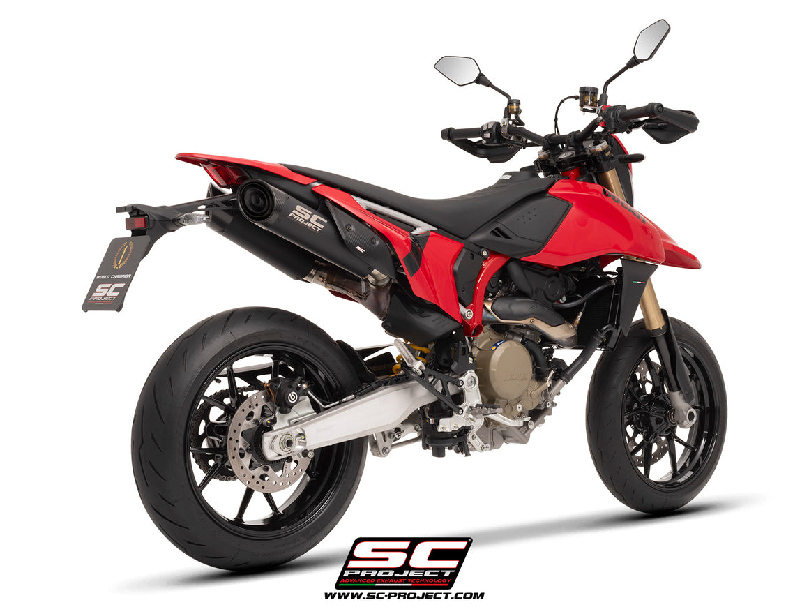 Ducati Hypermotard 698 MONO (2024) with SC-Project SC1-S titanium matt black exhaust, 3/4 rear view