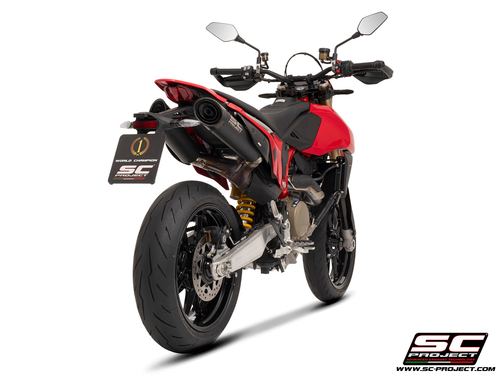 Ducati Hypermotard 698 MONO (2024) with SC-Project SC1-S titanium matt black exhaust, 3/4 rear view