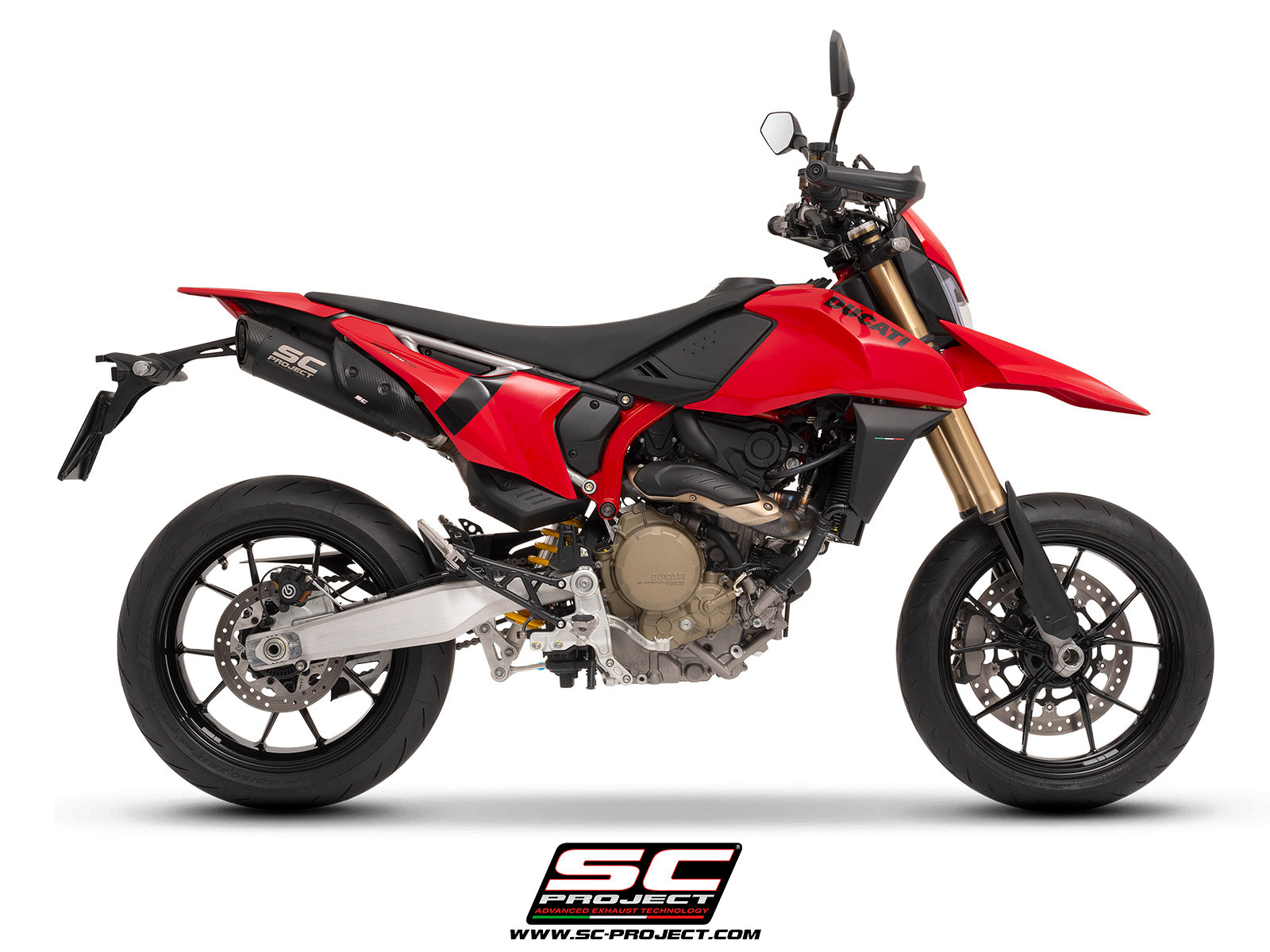 Ducati Hypermotard 698 MONO (2024) with SC-Project SC1-S titanium matt black exhaust, 3/4 rear view