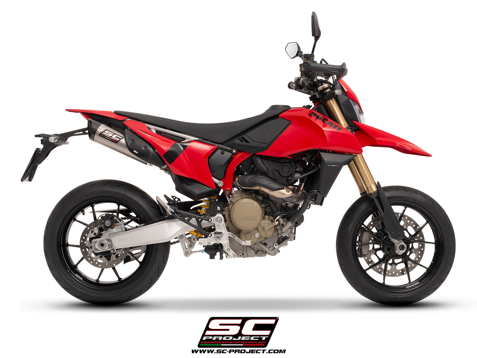 Ducati Hypermotard 698 MONO (2024) with SC-Project S1-C titanium exhaust, 3/4 rear view