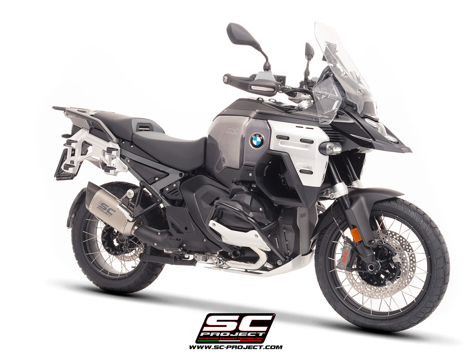 BMW R 1300 GS Adventure with SC-Project Adventure-R titanium exhaust, 3/4 rear view