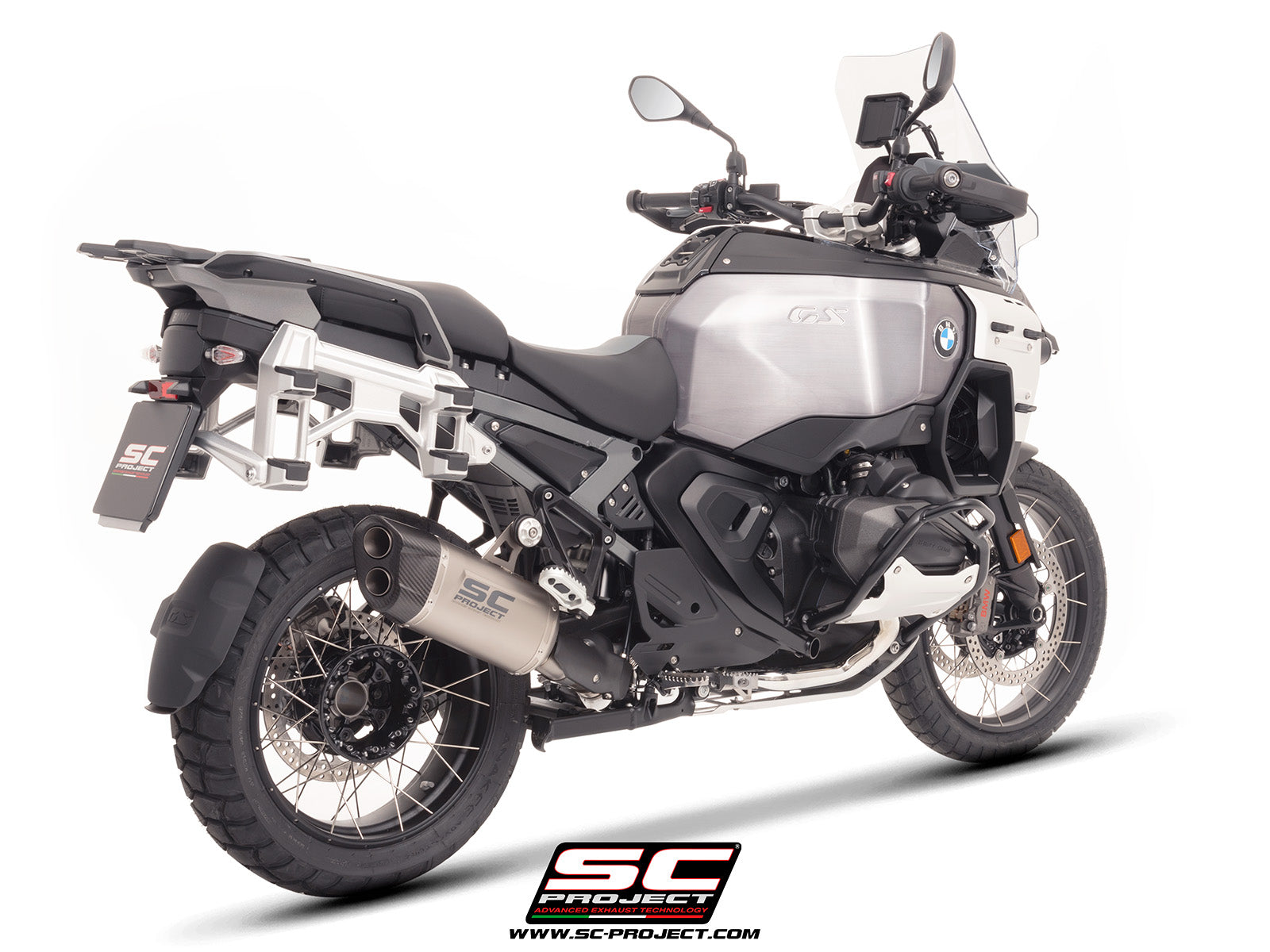 BMW R 1300 GS Adventure with SC-Project Adventure-R titanium exhaust, 3/4 rear view