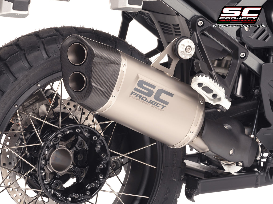 BMW R 1300 GS Adventure with SC-Project Adventure-R titanium exhaust, 3/4 rear view