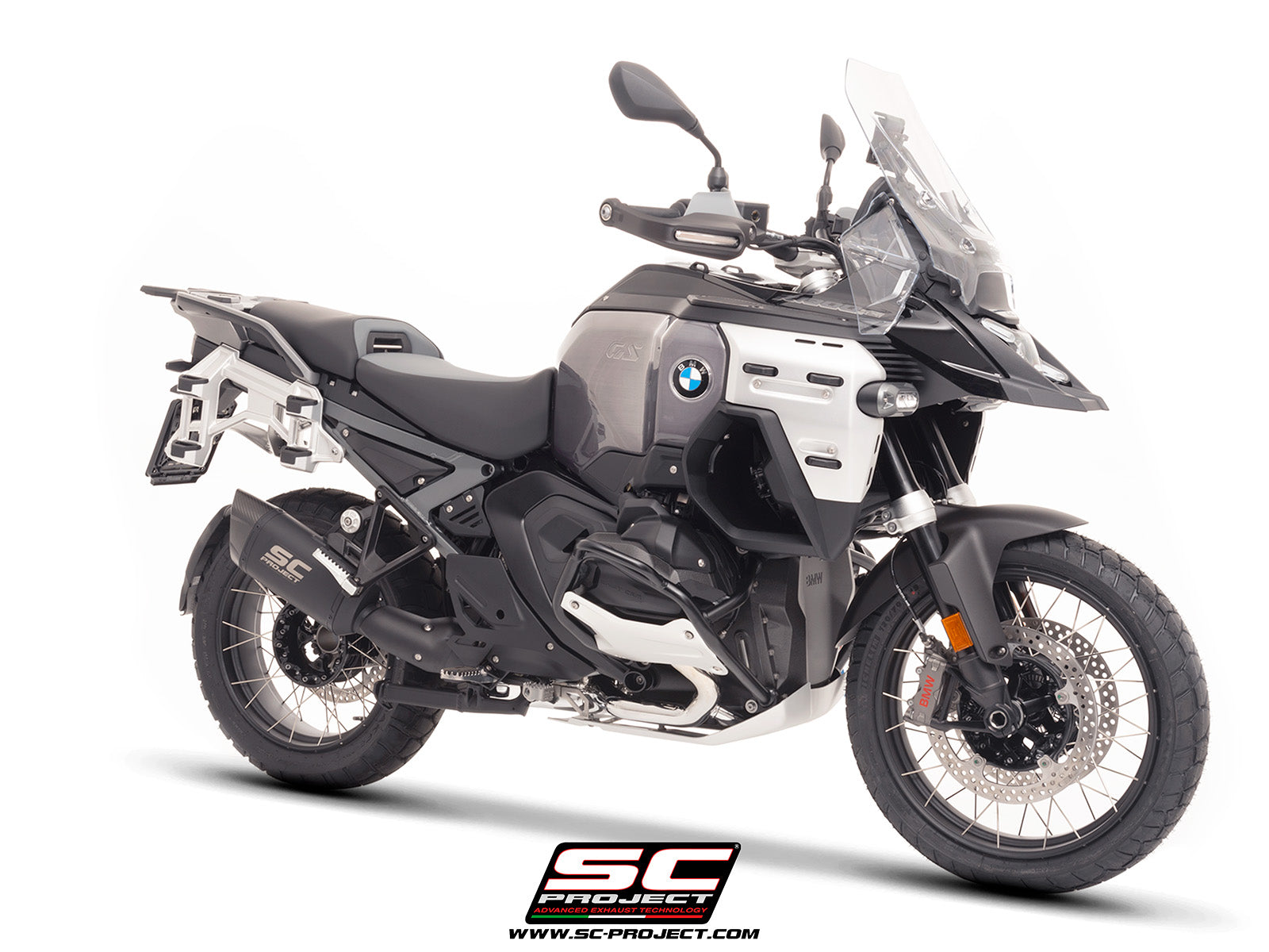 BMW R 1300 GS Adventure with SC-Project Adventure-R titanium matt black exhaust, 3/4 rear view