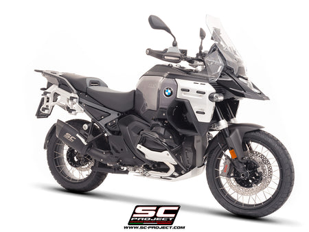BMW R 1300 GS Adventure with SC-Project Adventure-R titanium matt black exhaust, 3/4 rear view