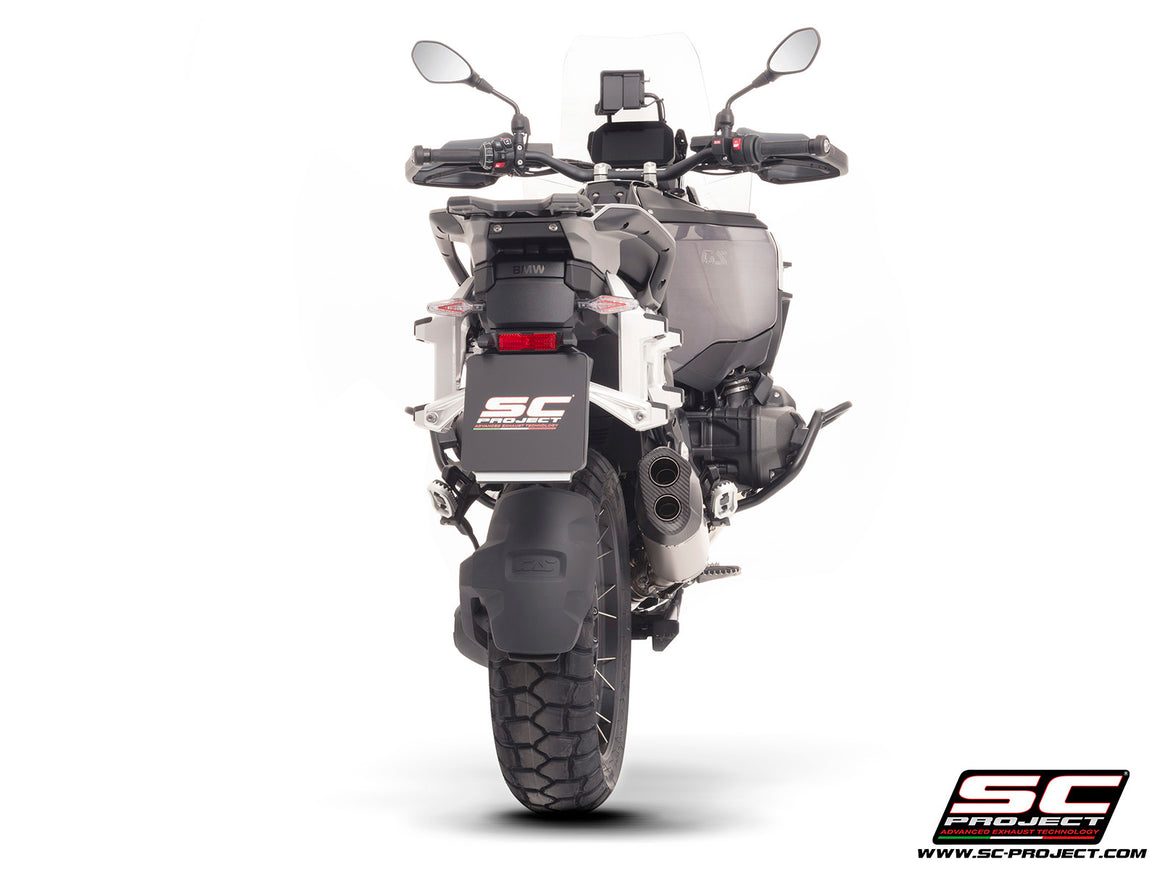 BMW R 1300 GS Adventure with SC-Project Adventure-R titanium matt black exhaust, 3/4 rear view