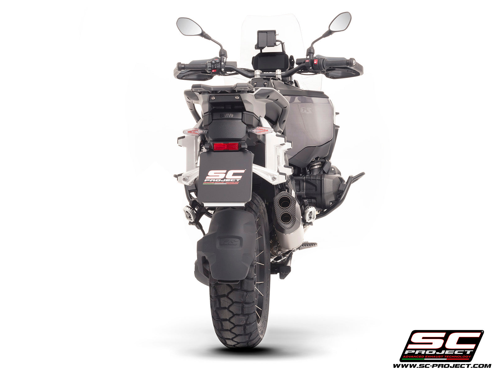 BMW R 1300 GS Adventure with SC-Project Adventure-R titanium matt black exhaust, 3/4 rear view