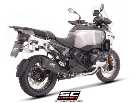 BMW R 1300 GS Adventure with SC-Project Adventure-R titanium matt black exhaust, 3/4 rear view
