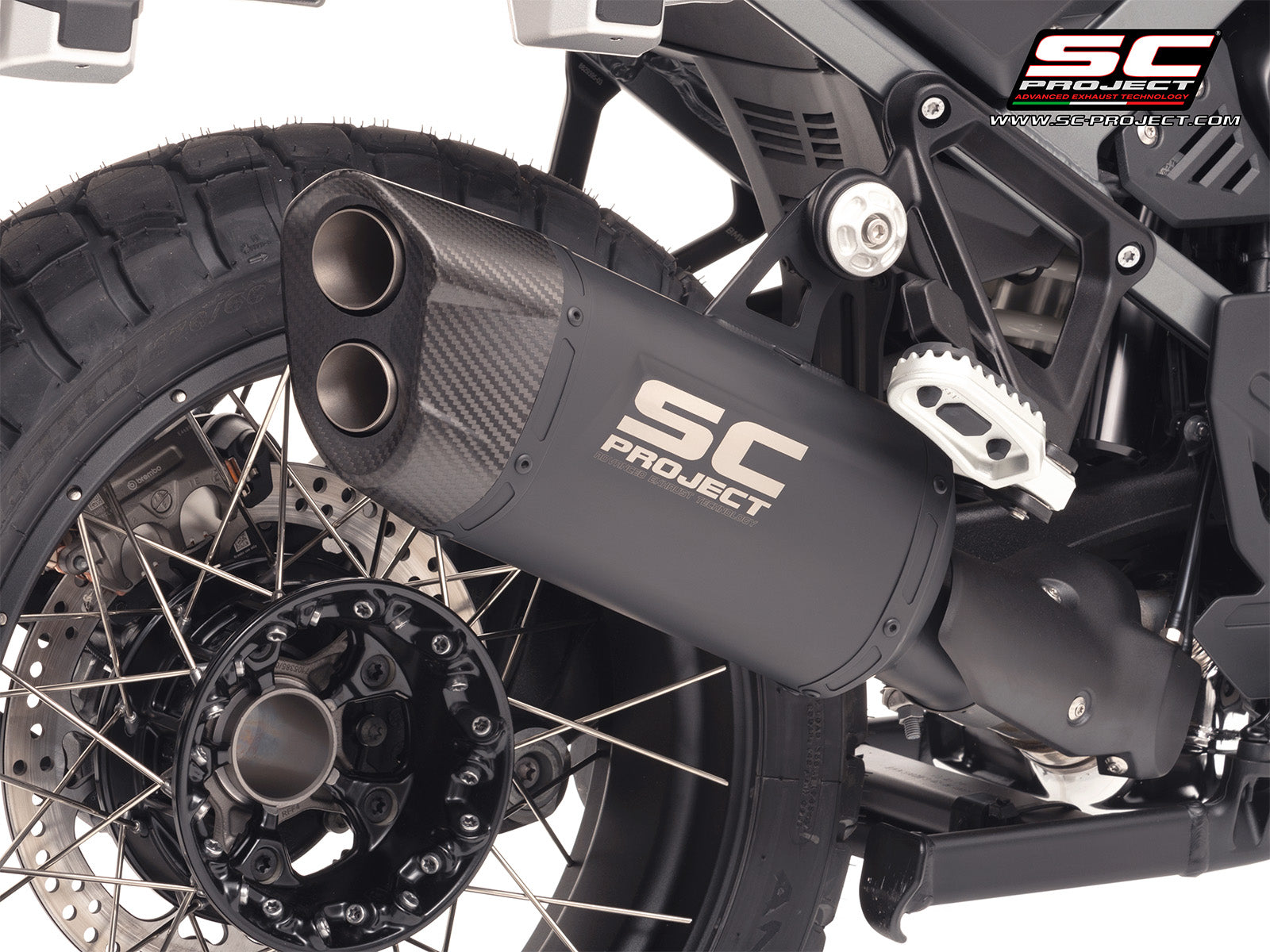 BMW R 1300 GS Adventure with SC-Project Adventure-R titanium matt black exhaust, 3/4 rear view