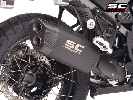 BMW R 1300 GS Adventure with SC-Project Adventure-R titanium matt black exhaust, 3/4 rear view