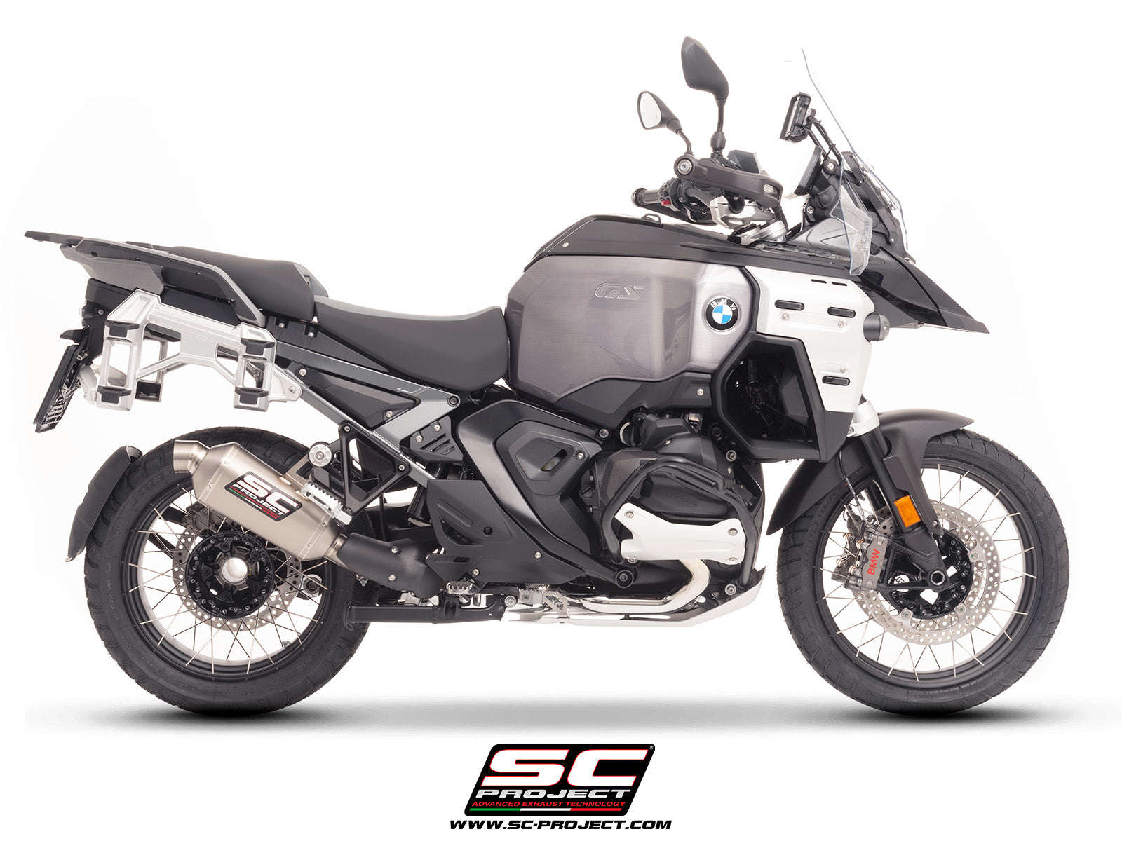 BMW R 1300 GS Adventure with SC-Project Rally-X titanium exhaust, 3/4 rear view