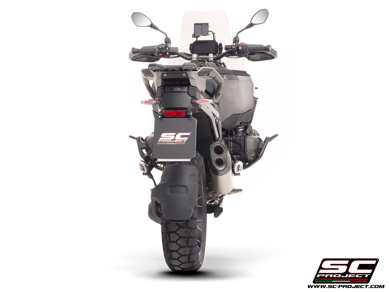 BMW R 1300 GS Adventure with SC-Project Adventure-R titanium exhaust, 3/4 rear view