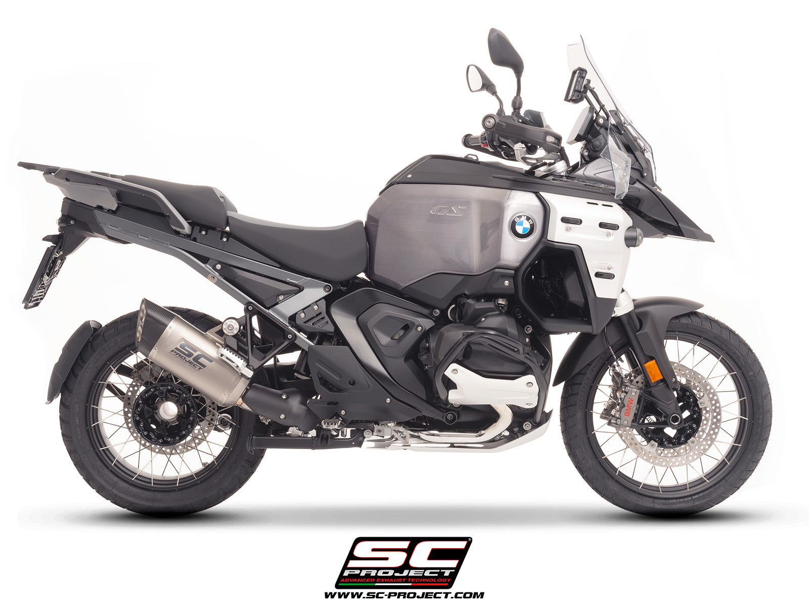BMW R 1300 GS Adventure with SC-Project Adventure-R titanium exhaust, 3/4 rear view